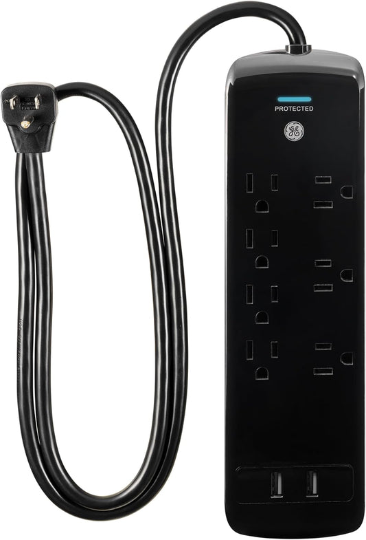 Pro 7-Outlet Sur Protector, 2 USB Ports, 3 Ft Extension Cord, 1780 Joules, 2.1 AMP/10 Watt, 3 Adapter Spaced Outlets, Flat Plug, Wall Mount, Warranty, UL Listed, Black, 37054